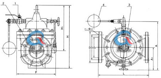 100X遙控浮球閥 外形結(jié)構(gòu)圖 (1、球閥 2、主閥 3、針閥 4、浮球閥)